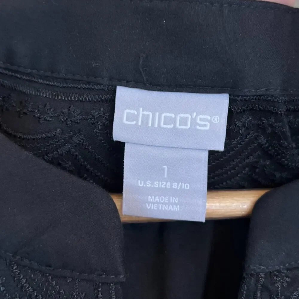 Chico's Women Black Poplin Tiered Mini Dress Black Embroidered Notch Neck 1 8/10 - Picture 5 of 6